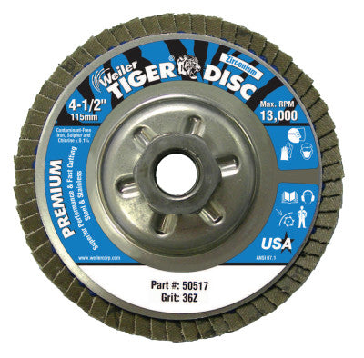 Tiger Disc Angled Style Flap Discs, 4 1/2 in, 36 Grit, 5/8 Arbor, Aluminum Back