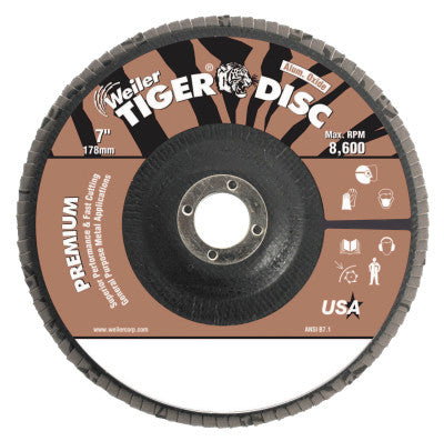 Tiger Disc Angled Style Flap Discs, 7 in Dia, 40 Grit, 7/8 in Arbor, 8600 rpm