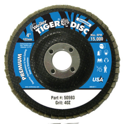 Tiger Disc Angled Style Flap Discs, 4 in, 40 Grit, 5/8 Arbor, Phenolic Back