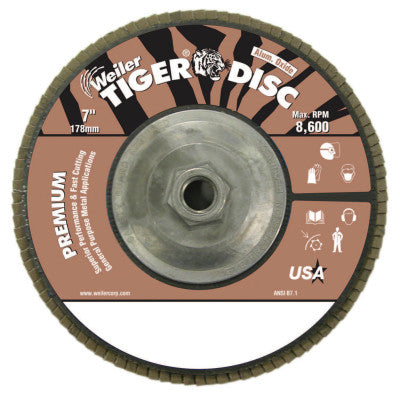 Tiger Disc Angled Style Flap Discs, 7 in Dia, 60 Grit, 5/8-11 in Arbor, 8600 rpm