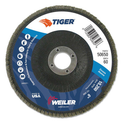 Tiger Disc Abrasive Flap Discs, 6",60 Grit, 7/8 Arbor, 10,200 rpm, Phenolic Back