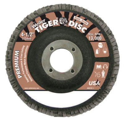 Tiger Disc Flat Style Flap Discs,4.5",40 Grit,7/8 Arbor,Phenolic Back,Alum Oxide