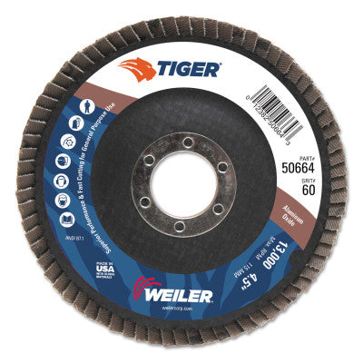 Tiger Disc Flat Style Flap Discs, 4.5",60 Grit,7/8 Arbor,Phenolic Back,Alum Oxid