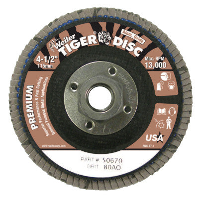 Tiger Disc Flat Style Flap Discs, 4 1/2", 80 Grit, 5/8 Arbor, Phenolic Back
