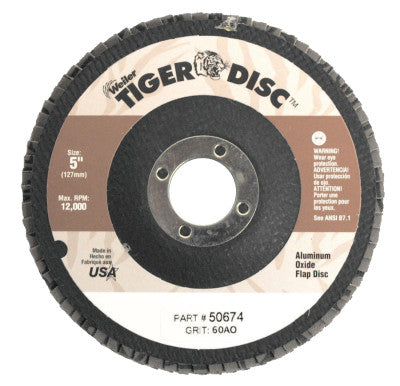 Tiger Disc Flat Style Flap Discs, 5",60 Grit,7/8 Arbor,Phenolic Back,Alum Oxide
