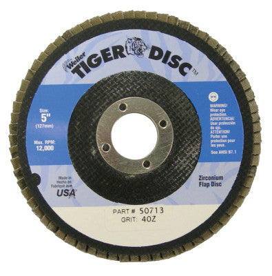 Tiger Disc Flat Style Flap Discs, 5", 40 Grit, 7/8 Arbor, Phenolic Back