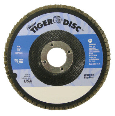 Tiger Disc Flat Style Flap Discs, 5", 80 Grit, 7/8 Arbor, Phenolic Back