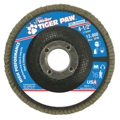 Tiger Paw Coated Abrasive Flap Discs,4 1/2",36 Grit,7/8 Arbor,Phenolic,13000rpm