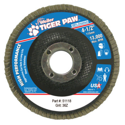 Type 29 Tiger Paw Angled Flap Discs, 4 1/2", 36 Grit, 7/8 Arbor, 13,000 rpm
