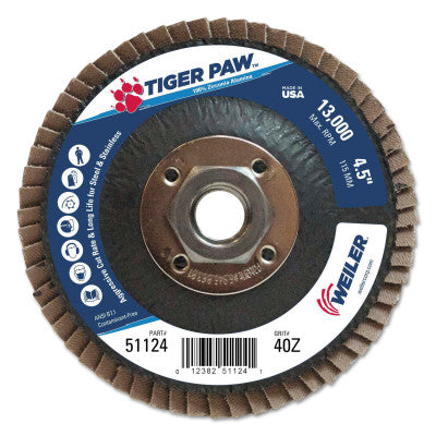 Type 29 Tiger Paw Angled Flap Discs, 4 1/2", 40 Grit, 5/8 Arbor, 13,000 rpm