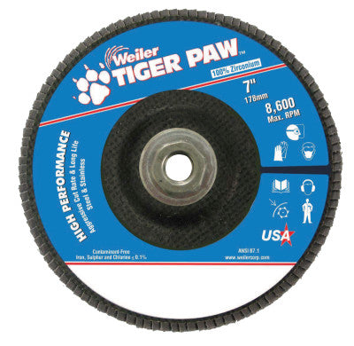 Tiger Paw Coated Abrasive Flap Discs, 7", 60 Grit, 5/8 Arbor, Phenolic Back