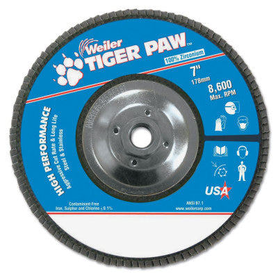 Type 29 Tiger Paw Angled Flap Discs, 7", 36 Grit, 5/8 Arbor, 8,600 rpm