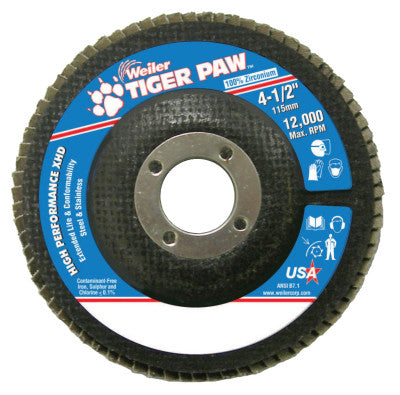 Tiger Paw Coated Abrasive Flap Discs, 4 1/2", 80 Grit, 7/8 Arbor, 12,000 rpm