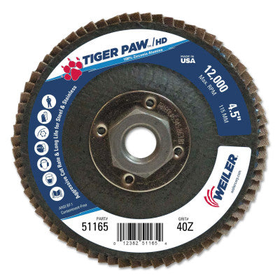 Tiger Paw Super High Density Flap Discs, 4 1/2", 40 Grit, 5/8 Arbor, 12,000 rpm