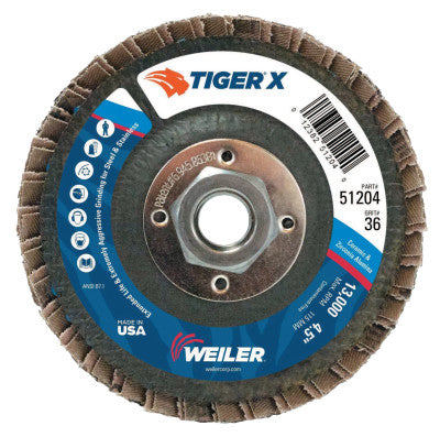 TIGER X Flap Disc, 4 1/2 in Angled, 36 Grit, 5/8 in - 11 Arbor