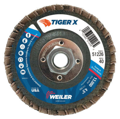 TIGER X Flap Disc, 4 1/2 in Flat, 40 Grit, 5/8 in - 11 Arbor