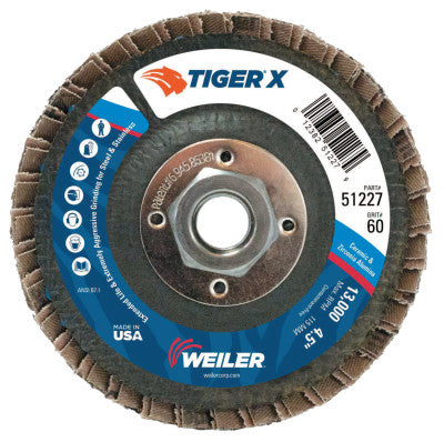 TIGER X Flap Disc, 4 1/2 in Flat, 60 Grit, 5/8 in - 11 Arbor