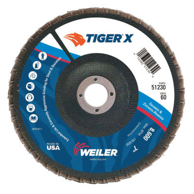 TIGER X Flap Disc, 7 in Flat, 60 Grit, 7/8 in Arbor