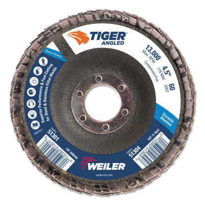 Tiger Zirconium Angled Flap Discs, 7/8 in, 60 Grit, 10 per Box