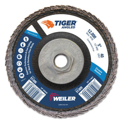 Tiger Zirconium Angled Flap Discs, 5 in Dia, 40 Grit, 5/8 in-11 Arbor, 12000 rpm