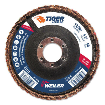 Tiger Ceramic Angled Flap Discs, 7/8 in, 60 Grit, 10 per Box