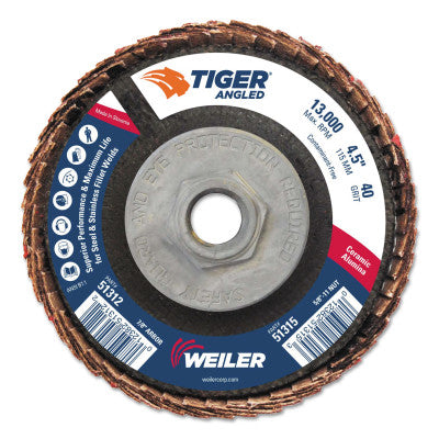 Tiger Ceramic Angled Flap Discs, 5/8 in - 11, 40 Grit, 10 per Box