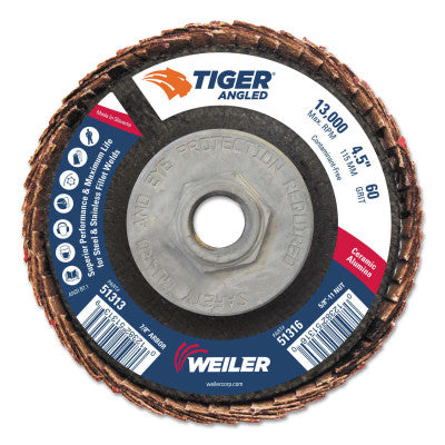 Tiger Ceramic Angled Flap Discs, 5/8 in - 11, 60 Grit, 10 per Box
