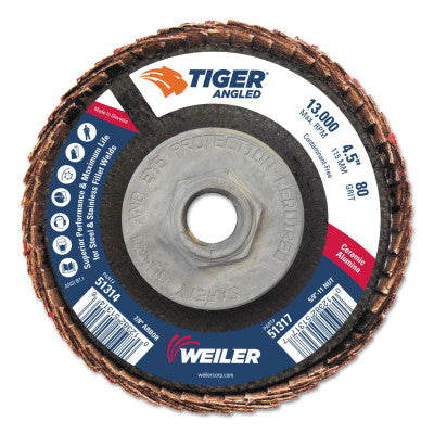 Tiger Ceramic Angled Flap Discs, 5/8 in - 11, 80 Grit, 10 per Box