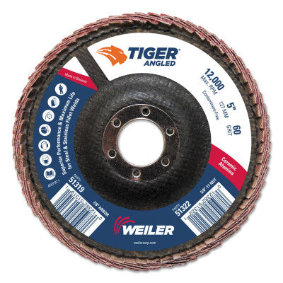Tiger Ceramic Angled Flap Discs, 5 in Dia, 40 Grit, 12000 rpm