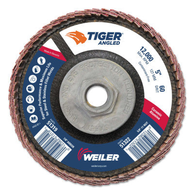 Tiger Ceramic Angled Flap Discs, 5 in Dia, 60 Grit, 5/8 in-11 Arbor, 12000 rpm