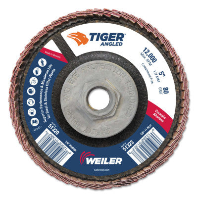 Tiger Ceramic Angled Flap Discs, 5 in Dia, 80 Grit, 5/8 in-11 Arbor, 12000 rpm