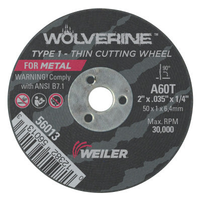 Wolverine Thin Cutting Wheels, 2 in Dia, .035 in Thick, 60 Grit, Aluminum Oxide