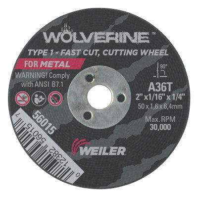 Wolverine Thin Cutting Wheels, 2 in Dia, 1/16 in Thick, 36 Grit, Aluminum Oxide