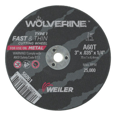 Wolverine Thin Cutting Wheels, 3 in Dia, .035 Thick, 1/4 Arbor, 60 Grit