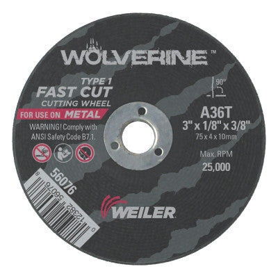 Wolverine Thin Cutting Wheels, 3 in Dia, 1/8 in Thick, 3/8 Arbor, 36 Grit