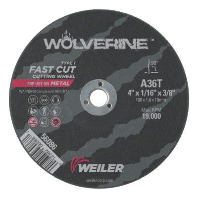Wolverine Thin Cutting Wheels, 4 in Dia, 1/16 Thick, 3/8 Arbor, 36 Grit