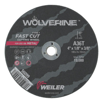 Wolverine Thin Cutting Wheels, 4 in Dia, 1/8 Thick, 3/8 Arbor, 36 Grit
