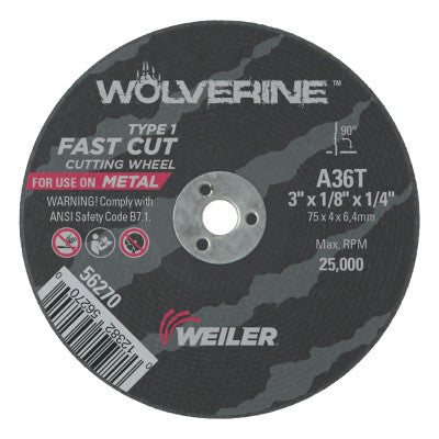 Wolverine Thin Cutting Wheels, 3 in Dia, 1/8 in Thick, 1/4 Arbor, 36 Grit