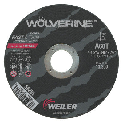 Wolverine Thin Cutting Wheels, 4 1/2 in x .045 in, 60 Grit, T, Aluminum Oxide