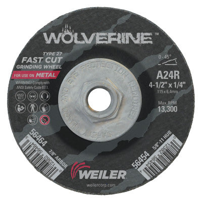 Wolverine Grinding Wheels, 4 1/2 in Dia, 1/4 in Thick, 5/8 in - 11, 24 Grit, R