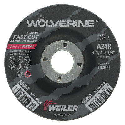 Wolverine Grinding Wheels, 4 1/2 in Dia, 1/4 in Thick, 7/8 in Arbor, 24 Grit, R