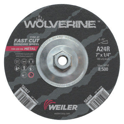 Wolverine Grinding Wheels, 7 in Dia, 1/4 in Thick, 5/8 in - 11 Arbor, 24 Grit, R