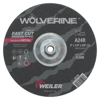 Wolverine Grinding Wheels, 9 in Dia, 1/4 in Thick, 5/8 in Arbor, 24 Grit, R