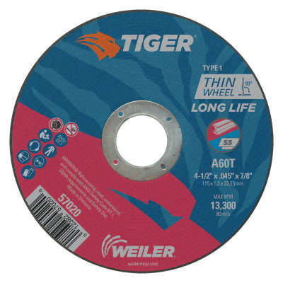 Tiger Thin Cutting Wheels, 4 1/2 in Dia, .045 in Thick, 5/8 in-11 Arbor, Grit 24