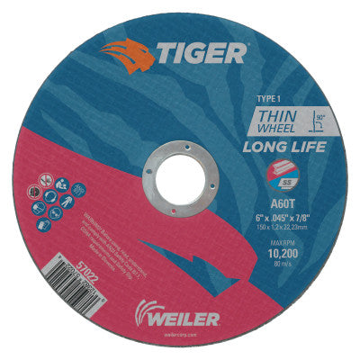 Tiger Thin Cutting Wheels, 6 in Dia, .045 in Thick, 7/8 in Arbor, Grit 24
