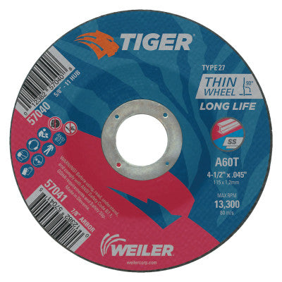 Tiger Thin Cutting Wheels, 4 1/2 in Dia, .045 in Thick, 7/8 in Arbor, Grit 60
