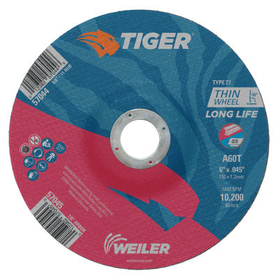 Tiger Thin Cutting Wheels, 6 in Dia, .045 in Thick, 7/8 in Arbor, Grit 60