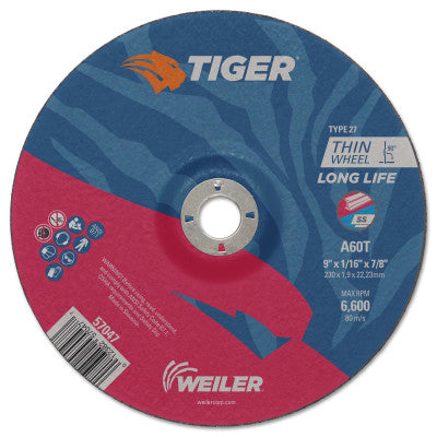 Tiger Cutting Wheels, 9 in Dia., 1/16 in Thick, 7/8 in Arbor, 60 Grit