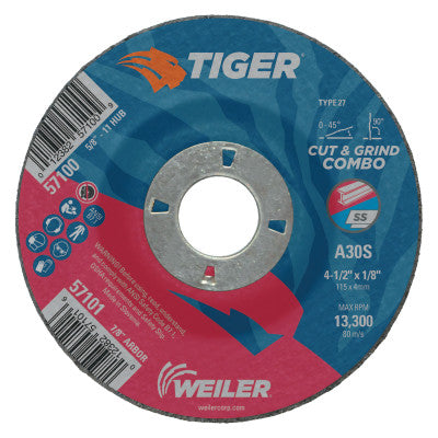 Tiger Combo Wheels, 4 1/2 in Dia, 7/8 in Arbor, 30 Grit