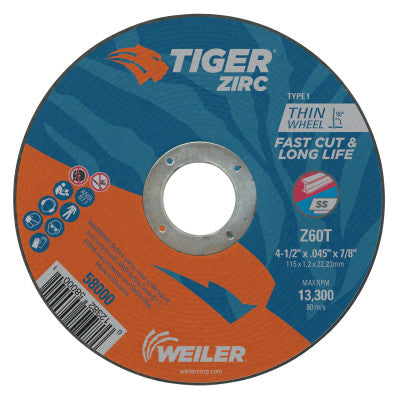 Tiger Zirc Thin Cutting Wheels, 4 1/2 in Dia, .045 Thick, 7/8 in Arbor, Grit 60